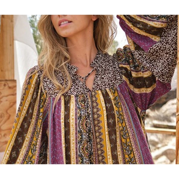 Orange blue boho multi print patchwork long balloon sleeve self tie tunic dress - Picture 4 of 6